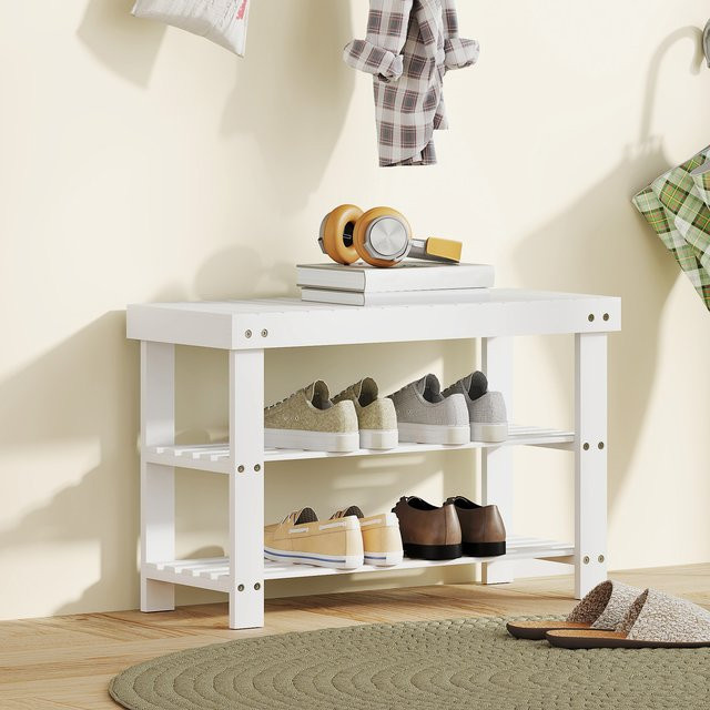 HOMCOM Bambus Schuhbank im skandinavischen Stil mit 3 Ebenen, Weiß, B/T/H: 70 x 28 x 45 cm - Bild 1