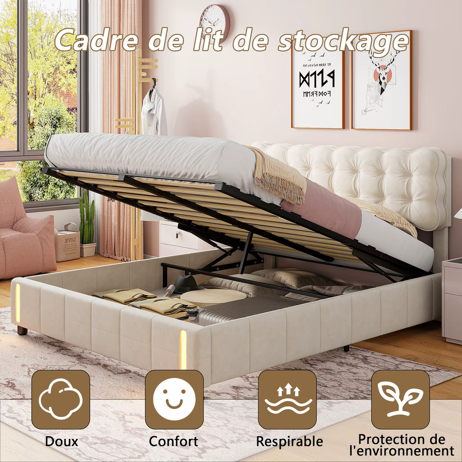 Superaly Polsterbett mit Stauraum und Lichtleiste, Doppelbett aus Samt in Beige, B/T: 160 x 200 cm - Bild 3