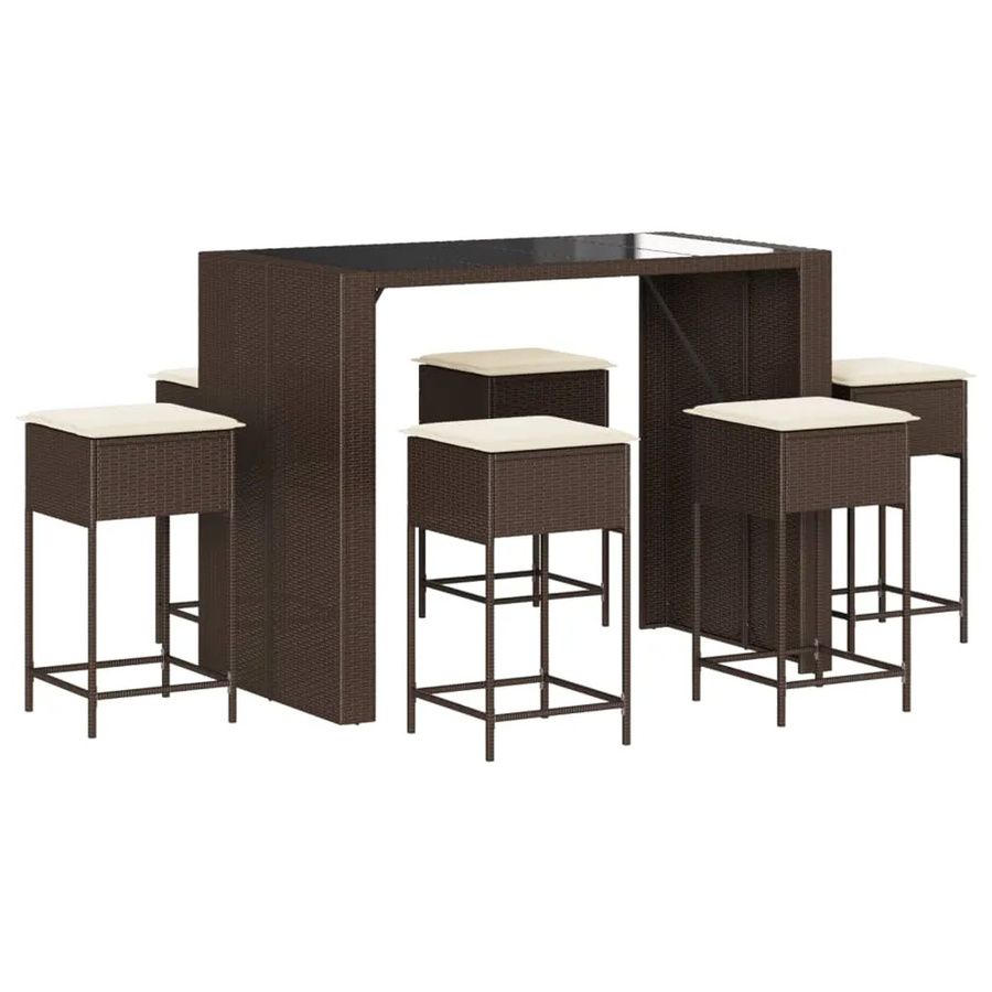 vidaXL 7-tlg Gartenbar-Set aus braunem PE-Rattan mit Kissen und Hartglas-Tisch - Bild 2