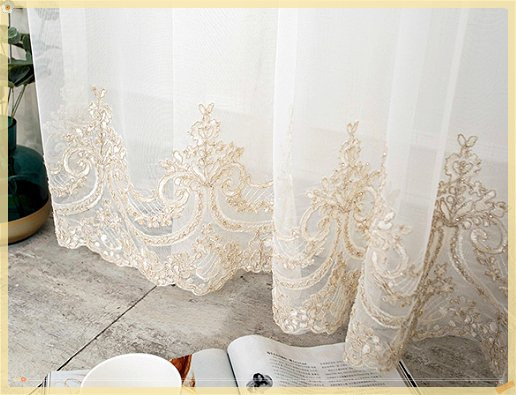 ZJBYZHOUSEHOLD Gaze-Vorhang mit floraler Bestickung in Weiß, Retro-Stil für Wohnzimmer und Schlafzimmer - Bild 1