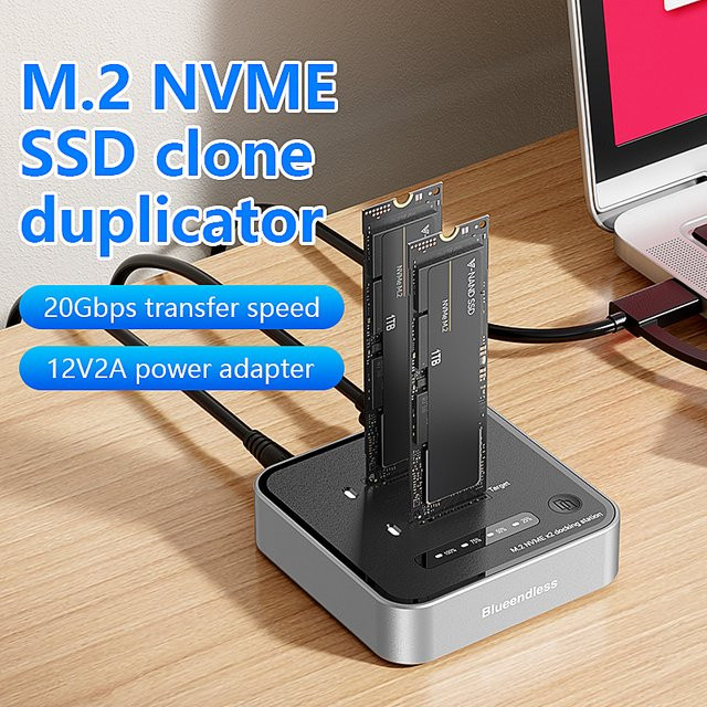 Blueendless Dual-Bay M.2 NVMe SSD Klon-Gerät mit 20Gbps USB 3.2 Typ C, Offline-Duplikator Gehäuse in Silber - Bild 1