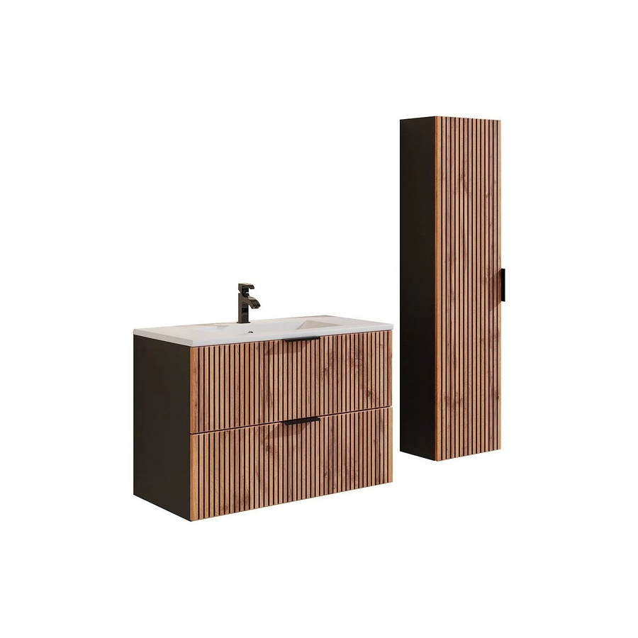 Vente-unique Badmöbel-Set Madela mit Waschbeckenunterschrank, Einbauwaschbecken und Badhochschrank in Schwarz und Naturfarben Hell mit Streifenoptik, Breite: 80 cm - Bild 2