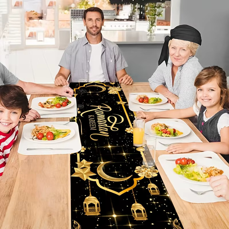 VIKAMA Eid Mubarak Tischläufer aus Polyester mit schwarzer Halbmondlaterne für deine Ramadan-Dekoration, rechteckig, B: 90,0 cm, H: 33,0 cm, T: 33,0 cm - Bild 3