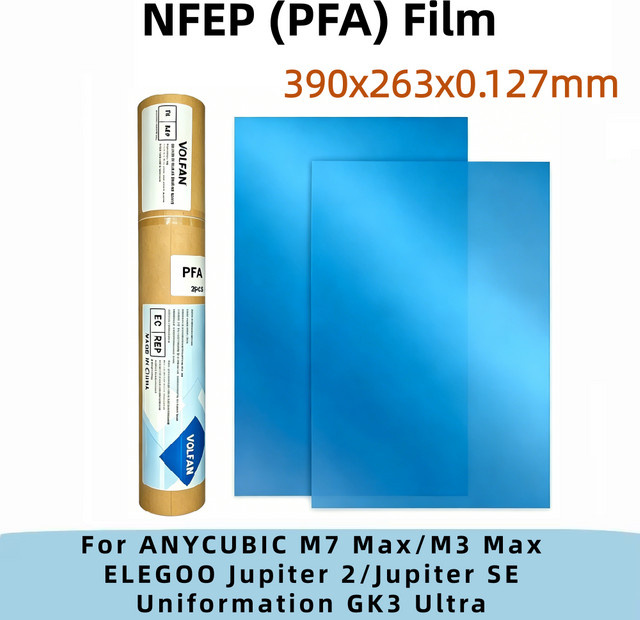 VOLFAN PFA-Folie und NFEP-Folie für 13 Zoll 3D-Drucker, 2 Stück, B/T/H: 390 x 263 x 0,127 mm, passend für ANYCUBIC Photon M7 Max M3 Max und ELEGOO Jupiter SE / Jupiter 2 - Bild 1