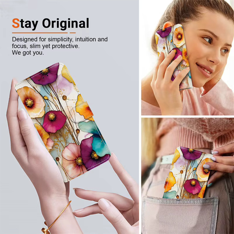 Retro Blumen Handyhülle mit Brieftaschenfunktion und Standfunktion für Samsung Galaxy A56 A36 A55 A16 A35 A25 A54 A34 A53 A52s in Multicolour - Bild 3
