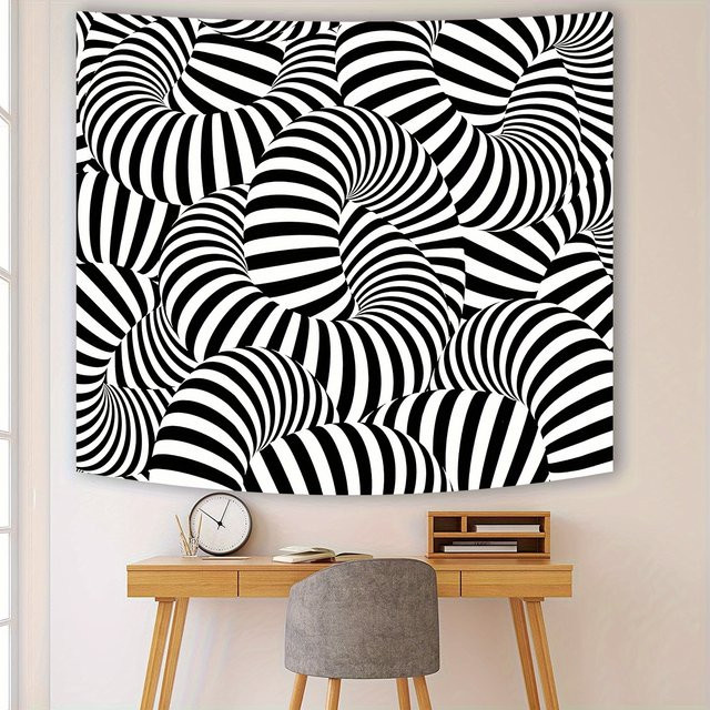 VIKAMA Wandteppich mit geometrischer optischer Täuschung in Schwarz und Weiß, minimalistischer Streifen-Look für dein Wohnzimmer - Bild 1