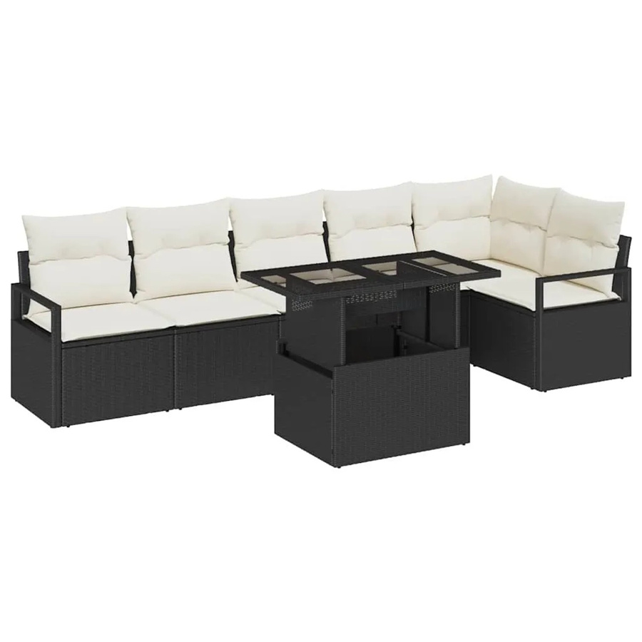 vidaXL Garten-Sofa-Set aus Poly Rattan in Schwarz mit Kissen, 7-teiliges L-Shape Lounge-Set mit Ecksofa, Mittelsofas, Sesseln und Tisch - Bild 2
