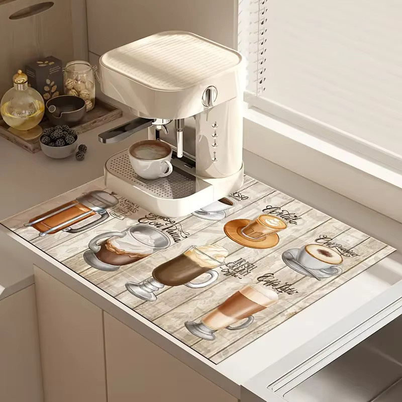 VIKAMA Vintage Küchenmatte mit Kaffeemotiv in Multicolour, saugfähig und schnell trocknend mit Holzmaserung-Design - Bild 3