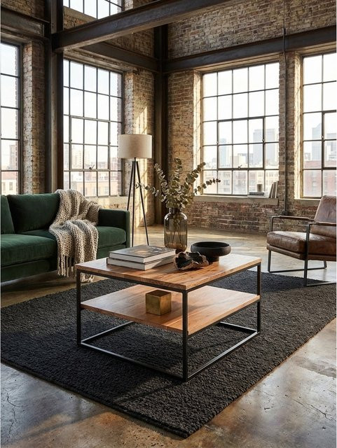 Couchtisch KADIMA DESIGN aus Akazienholz und Metall in Braun im Industrial Design B/T/H: 60 x 60 x 41 cm - Bild 1