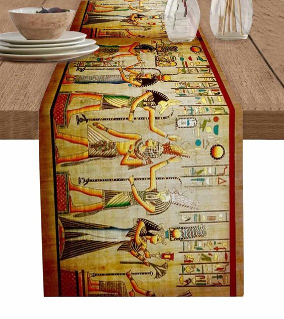 JINGYUE Pet Tischläufer aus Leinen in Beige mit ägyptischem Design, B/T: 150 x 33 cm - Bild 1