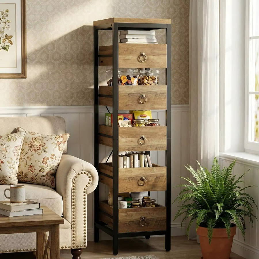 Garvee Schmales 5-stöckiges Küchenregal aus Metall mit Ausziehschubladen, Multifunktionaler Organizer für Küche, Wohnzimmer und Badezimmer, Farbe: Braun oder Rot, Matt - Bild 6
