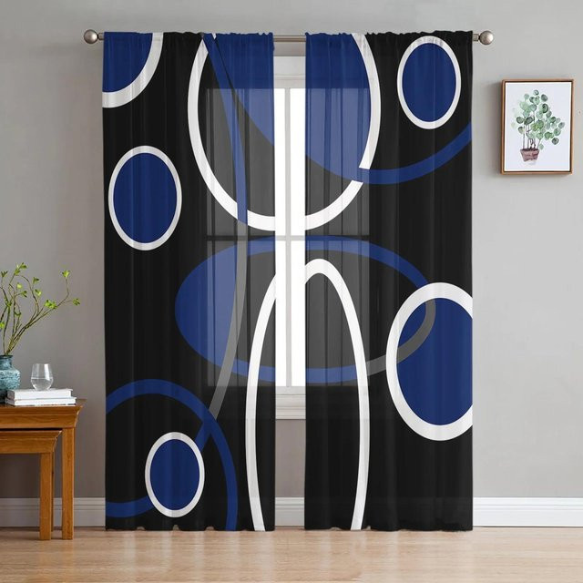 Yiran Furniture Transparenter Vorhang mit geometrischem Linienmuster in Blau und Schwarz, Organza-Tüll für Wohnzimmer und Küche, B: 135 cm, H: 160 cm - Bild 1