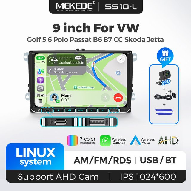 MEKEDE 9 Zoll Android Autoradio mit Wireless CarPlay und Android Auto, Linux Navigation, WiFi, Bluetooth und GPS, Schwarz, Universal für Volkswagen Amarok Golf Passat Skoda Octavia Seat Polo - Bild 1