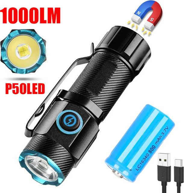 XIWANGFIRE Mini P50 LED-Taschenlampe in Schwarz, wiederaufladbar via USB-C mit Hut-Clip und Magnet für Camping, Jagd und Notfälle - Bild 1