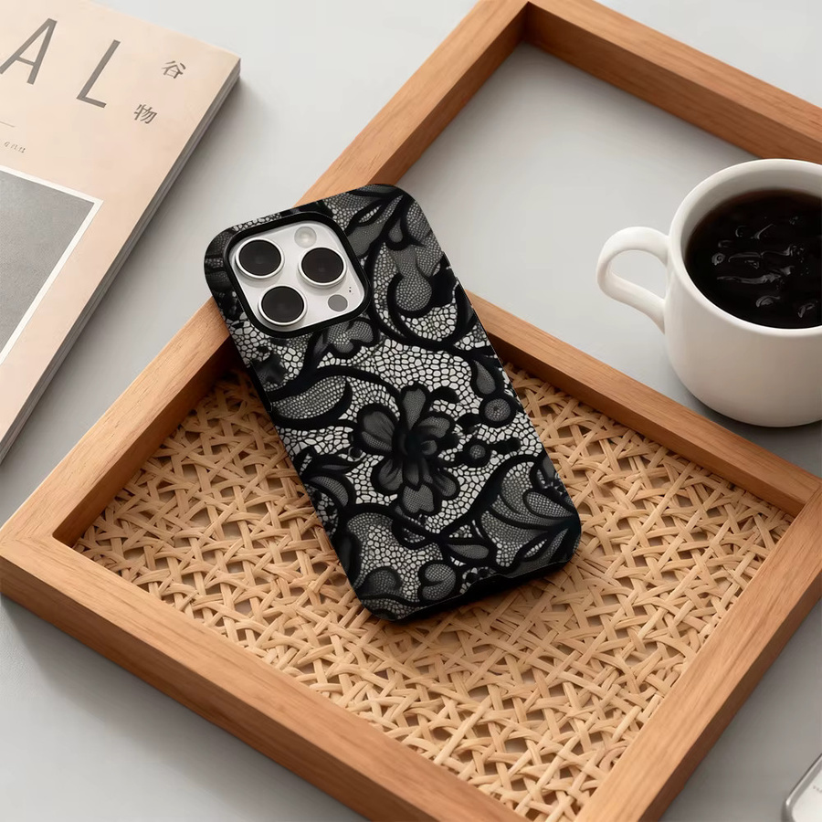 Potdemiel Handyhülle mit schwarzem Spitzenmuster für iPhone 17 16 15 14 13 12 Pro Max Plus mit doppelschichtiger Rückseite, Schwarz - Bild 3