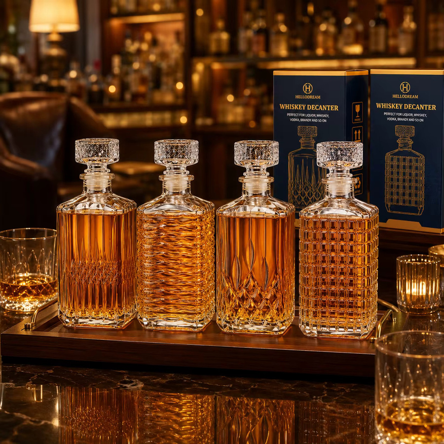 hellodream Whiskey-Dekanter-Set aus Glas mit 4 transparenten Flaschen im geometrischen Design, Füllmenge pro Flasche: 500 ml - Bild 5
