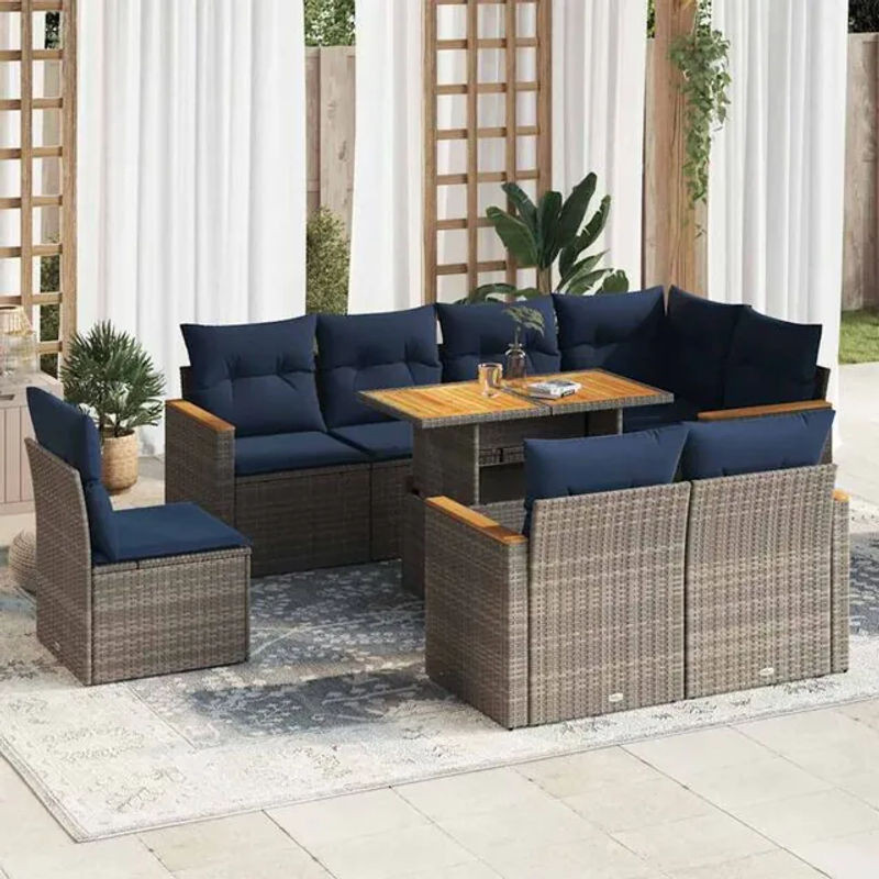 9-teilige moderne Garten-Sofagarnitur aus Poly-Rattan mit Kissen in Grau von vidaxl - Bild 1