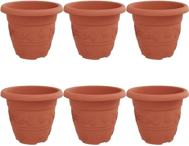 vidaXL Blumentopf rund aus Kunststoff, 6er Set, Ziegelrot, Durchmesser: 26 cm, Höhe: 21,5 cm - Bild 1