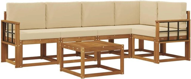 vidaXL Gartenmöbel Set L-Form aus Akazienholz mit 3-Sitzer Sofa, Eckelement, Couchtisch und 6 Kissen in Beige und Natur - Bild 1