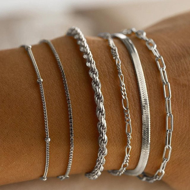 Mehrschichtiges Damen-Kettenarmband-Set, Silber, Minimalistisch - Bild 1