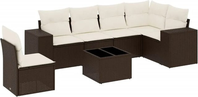 vidaXL 7-tlg. Garten-Sitzgruppe in L-Form aus Polyrattan mit Kissen, Braun - Bild 1
