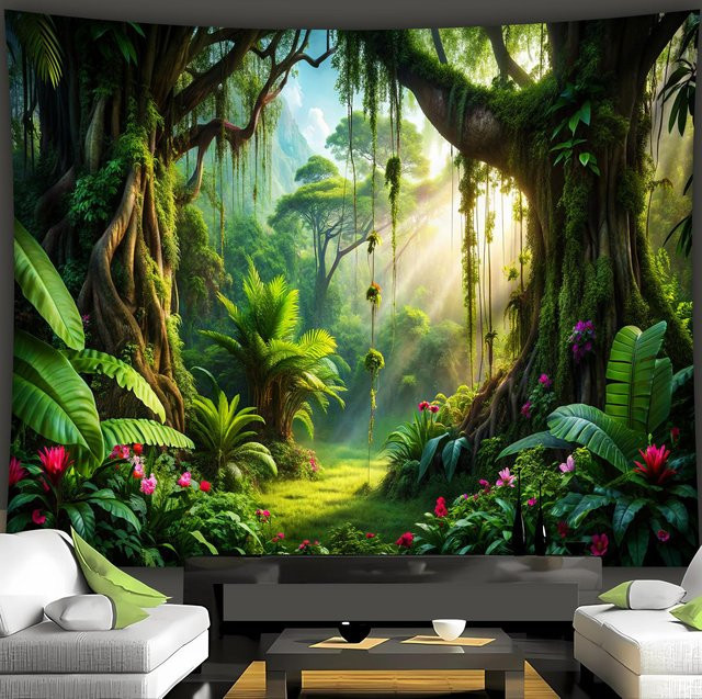 JMG Household Supplies Wandteppich Tropischer Regenwald mit Dschungel, Sonnenlicht und Wasserfall in Grün, Breite: 280 cm, Höhe: 180 cm - Bild 1