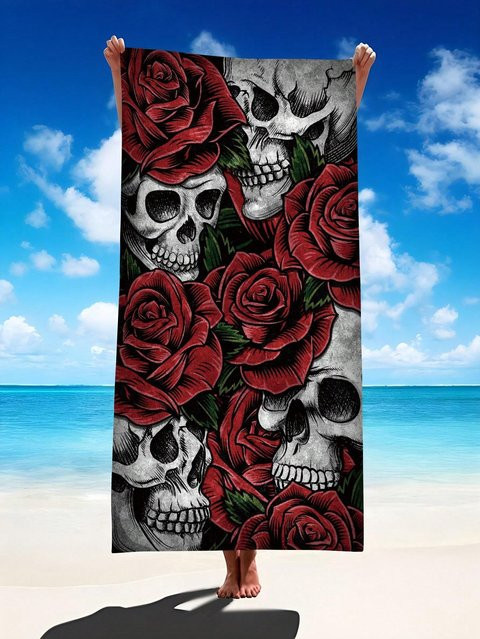 JMG Household Supplies Rosen-Totenkopf Strandtuch in Rot, extra groß aus Mikrofaser und Baumwolle, super saugfähig und schnell trocknend, B/H: 80 x 160 cm - Bild 1