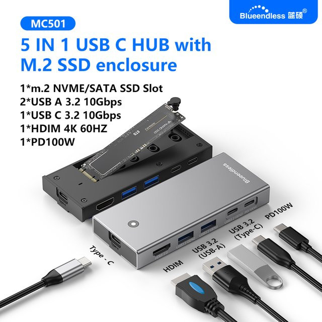Blueendless USB-C Dockingstation und M.2 SATA/NVMe SSD-Gehäuse in Grau mit HDMI 4K 60Hz, USB 3.2 10Gbps und PD 100W sowie SD/TF-Slot - Bild 1