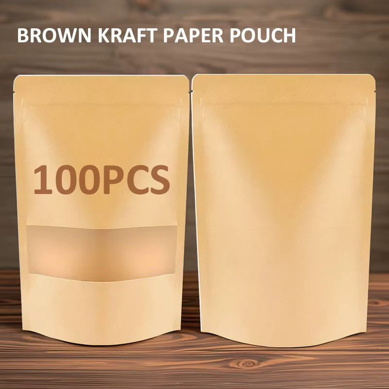 100 Stück wiederverschließbare Standbeutel aus braunem Kraftpapier mit Sichtfenster und Reißverschluss, feuchtigkeitsbeständig, ideal als Lebensmittel-Geschenkverpackung für Partys und Festivals - Bild 2