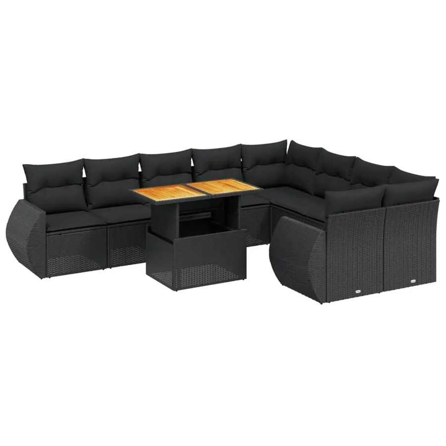 vidaXL 10-tlg. Garten-Sofagarnitur in L-Form aus Poly-Rattan und Akazienholz mit Kissen, Schwarz - Bild 2