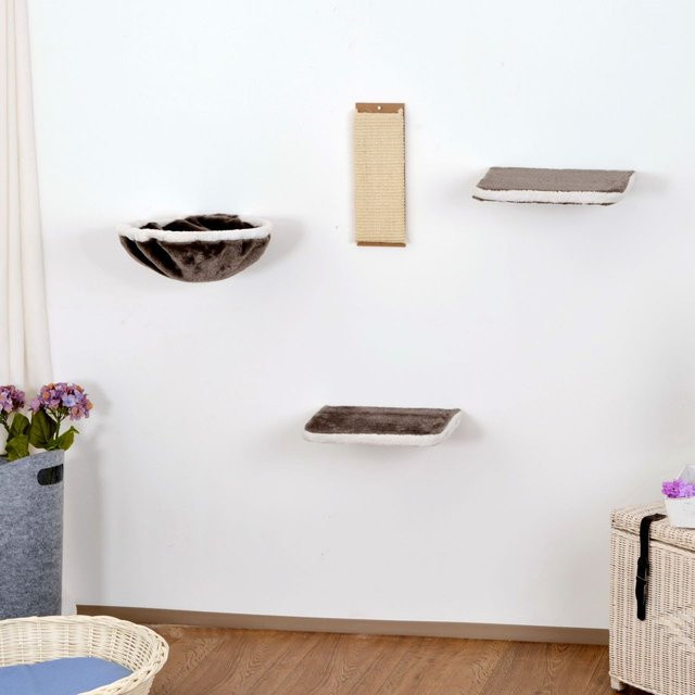 Rohrschneider Katzen-Kletterwand 4-teilig in Grau mit Hängematte und Höhle aus Holz und Sisal - Bild 1