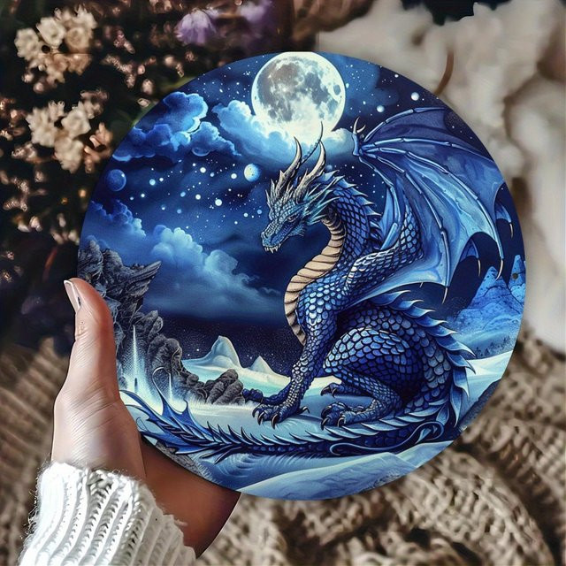 Potdemiel Fantasy Blue Dragon Aluminium-Wandkunst, rundes Vintage-Metallschild in Blau, Durchmesser: 20,3 cm - Bild 1