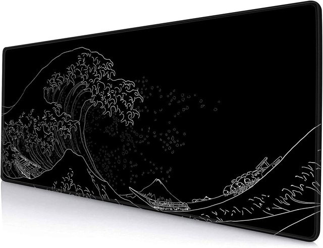 Großes Mauspad The Great Wave Off Kanagawa in Schwarz, rutschfeste Schreibtischunterlage mit Gummibasis und genähten Kanten für dein Tastatur-Maus-Setup - Bild 1
