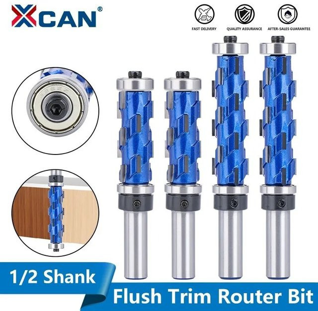 Xcan Bündigfräser mit 12mm Schneidendurchmesser und 1/2 Zoll Schaft, Spiral-Vollhartmetall-Trimmfräser mit Doppel-Lager für CNC und Holzbearbeitung, Blau - Bild 1