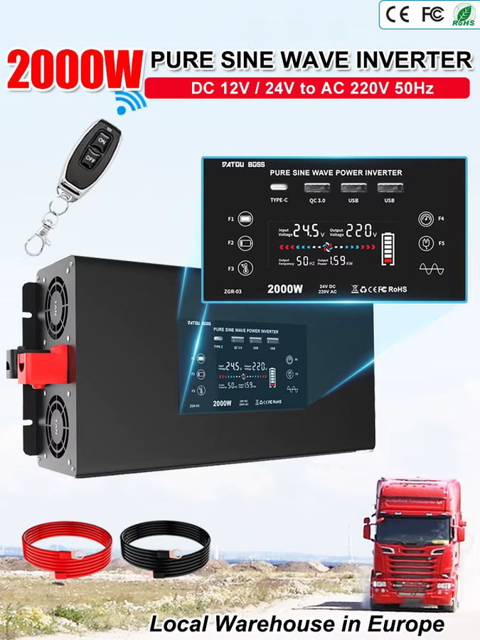 DATOUBOSS Reiner Sinus-Wechselrichter 2000W DC zu 220V/230V AC mit USB und LCD, 12V/24V DC, Schwarz - Bild 7