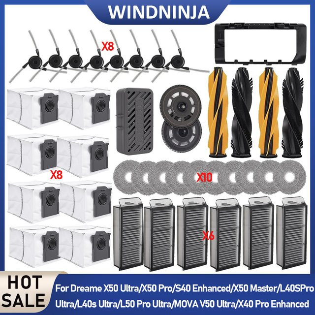 Dreame Wischtücher und Staubbeutel für X50 Pro, X50 Ultra, X50 Master, L40S Pro Ultra, L50 Pro Ultra und MOVA V50 Ultra inklusive Haupt- und Seitenbürstenfilter in Schwarz und Weiß - Bild 1