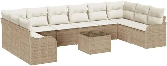 vidaXL Garten-Sofa-Set aus Polyrattan in Beige und Weiß mit Kissen und Tisch, 11-teiliges U-Shape Lounge-Set mit Metallrahmen - Bild 1