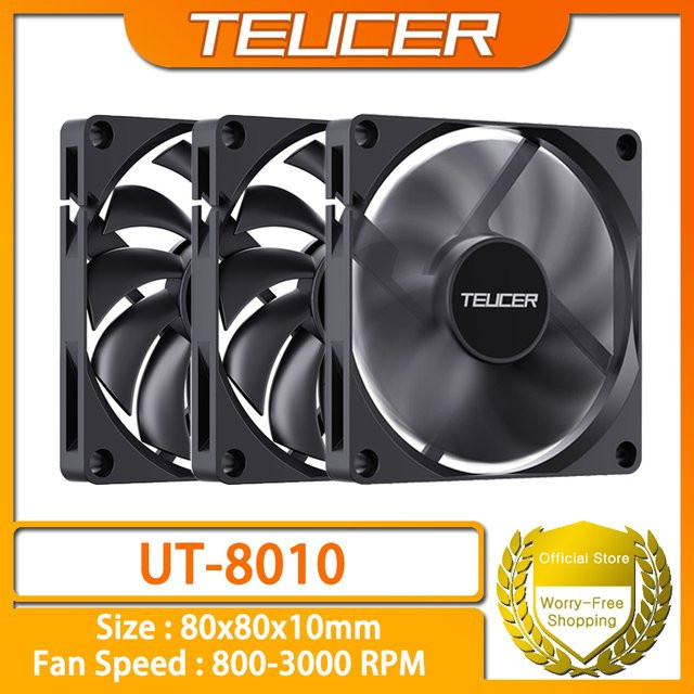 TEUCER UT-8010 Chassis-Lüfter Schwarz, ultradünner PWM 4PIN Lüfter für Desktop-Computer und CPU-Kühlung, B: 8 cm, T: 8 cm, H: 1 cm - Bild 1