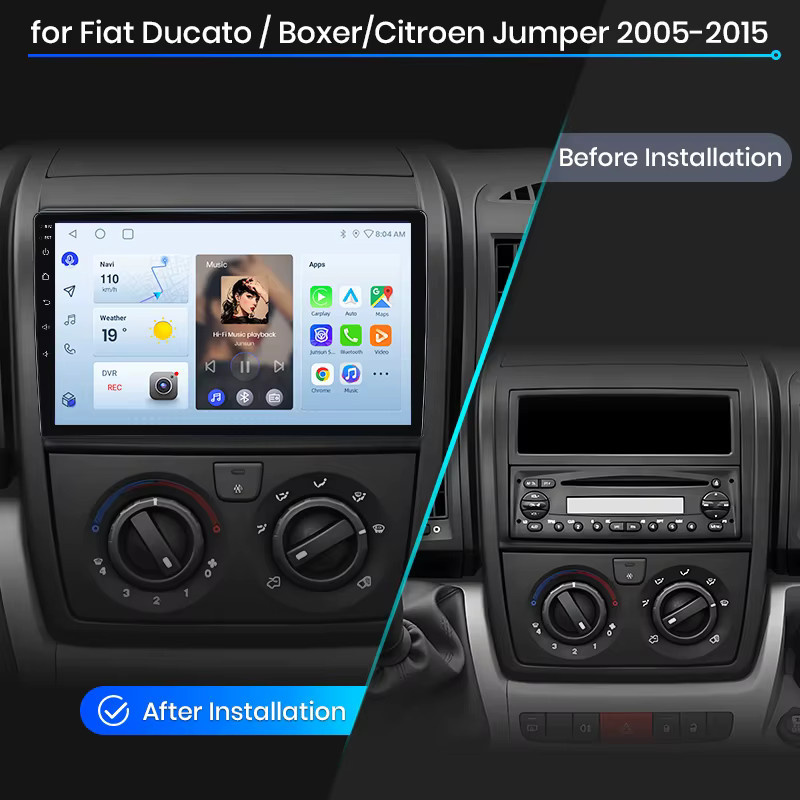 Junsun Wireless CarPlay und Android Auto Autoradio für Fiat Ducato, Peugeot Boxer und Citroen Jumper X250 (2006-2014) mit GPS, WiFi, Bluetooth und DSP in Schwarz - Bild 2