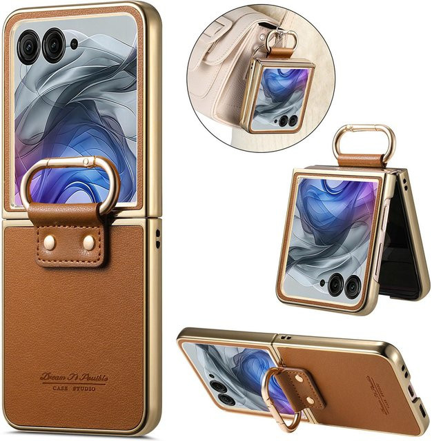 HQBBRO Luxus Business Ringhalter Lederhülle für Motorola Razr 60 und Razr 50 Ultra, stoßfest und schlank mit galvanisiertem Rand in Braun - Bild 1