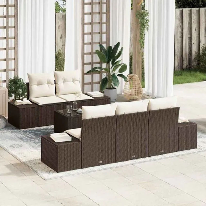 Vidaxl Garten-Sofa-Set aus Polyrattan mit 6 Kissen in Braun und Beige, Loungemöbel, B/T/H: 55 x 55 x 37 cm - Bild 1
