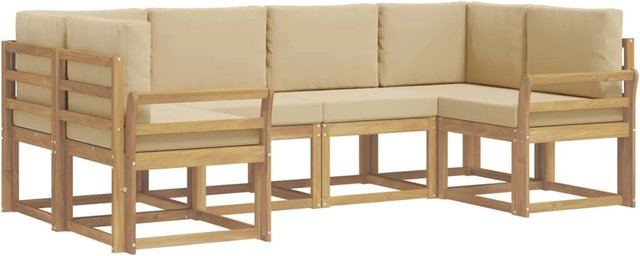 vidaXL Outdoor-Sofagarnitur L-Form aus Akazienholz mit Kissen in Weiß und Beige - Bild 1