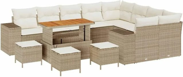 vidaXL Garten-Sofa-Set aus Poly-Rattan und Akazienholz in Beige-creme, 13-teiliges U-Shape Lounge-Set mit Polstern und Tisch - Bild 1