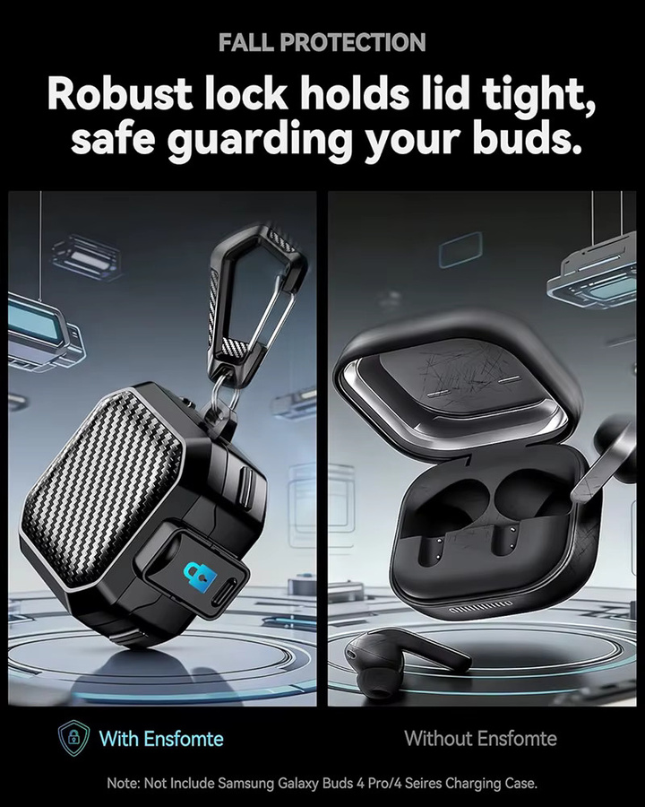 ZEKS Schutzhülle für Samsung Galaxy Buds 4 Pro in Schwarz mit Sicherheitsverschluss, Carbonfaser-Design und Schlüsselanhänger, unterstützt kabelloses Laden - Bild 5