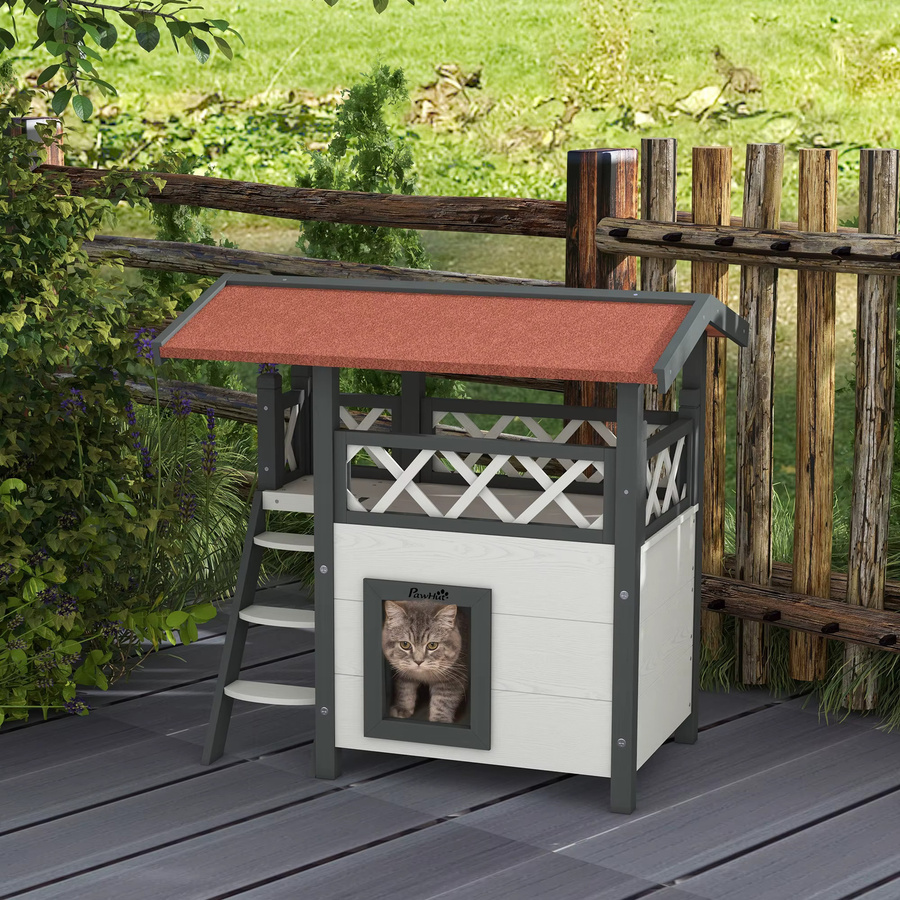Svintora 2-stöckige Katzenvilla aus Holz mit wetterfestem Asphaltdach, Balkon und Kletterleiter für Garten, Balkon oder Terrassen - Bild 7