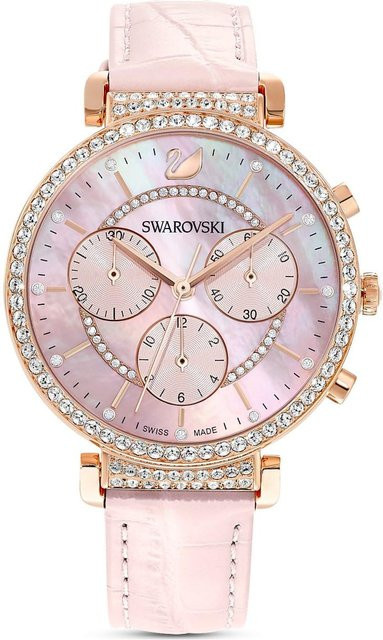 Swarovski Chronograph Damenuhr, Roségold, Quarz, 36 mm, Leder, Weiß - Bild 1
