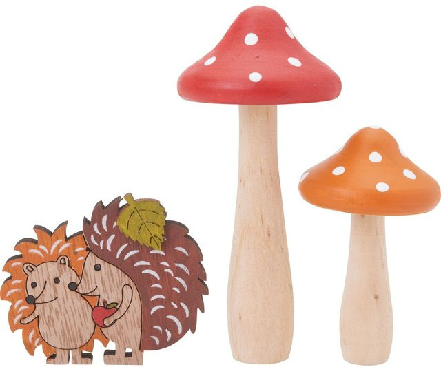 VBS Deko-Set Meena mit Pilzen und Igel aus Holz in Rot, Orange und Braun für die Herbstdekoration, 3er-Set - Bild 1