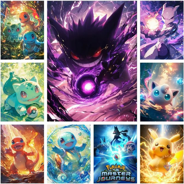 Potdemiel 5D-Diamant-Stickerei Set mit Pokémon Pikachu Bulbasaur und Mewtwo in Multicolor zur Wanddekoration - Bild 1