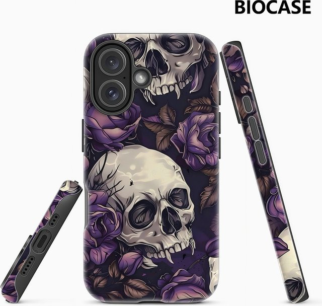 Handyhülle mit Totenköpfen und lila Rosen für iPhone 11 bis iPhone 17 Pro Max Plus, doppelschichtige Rückseite, lila/mehrfarbig - Bild 1