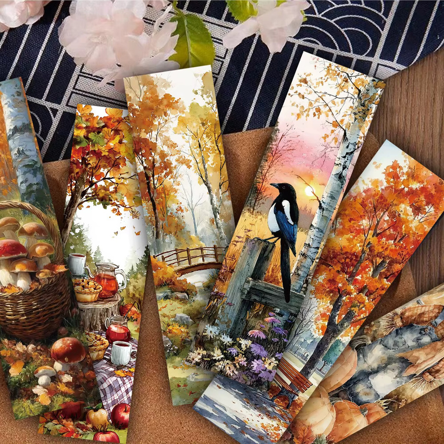 30 Stück Retro Herbst Lesezeichen Set aus Papier mit Berg Dorf Fluss und goldenem Ahornblatt in Gold und Multicolour - Bild 4